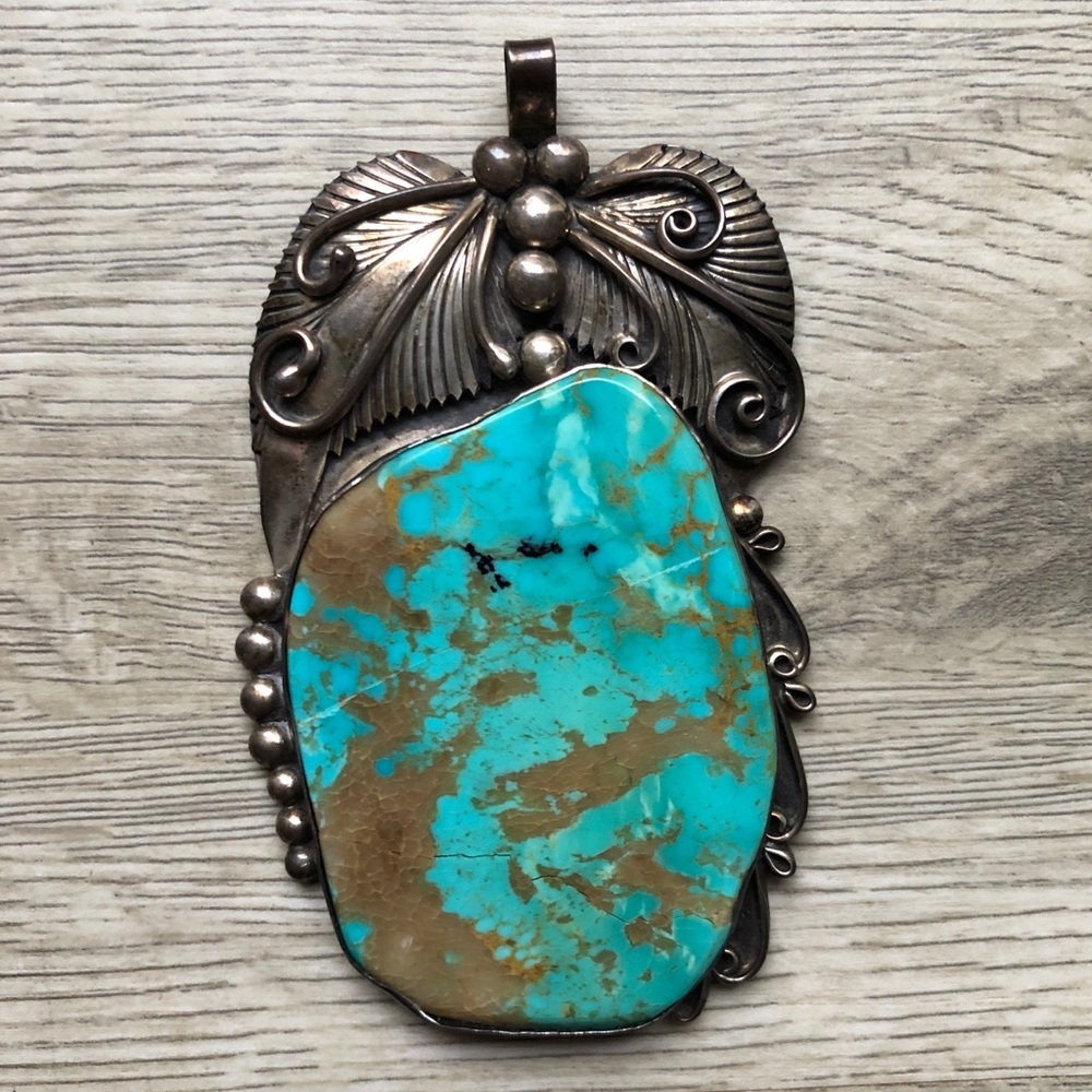 HUGE Vintage Navajo Kingman Turquoise 925 Sterling Silver Pendant Statemnt Piece - Picture 5 of 17